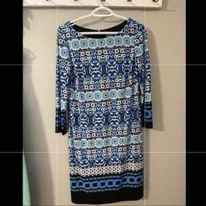 Blue and black patterned mid length dress. Size 10